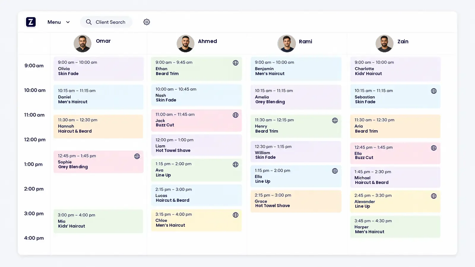 Zolmi barbershop calendar showing barber schedules, appointments and online bookings in Australia.
