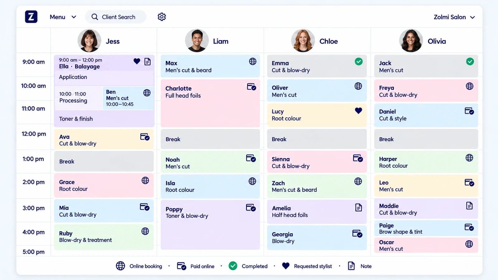 Colour-coded salon calendar showing appointments across several staff members.