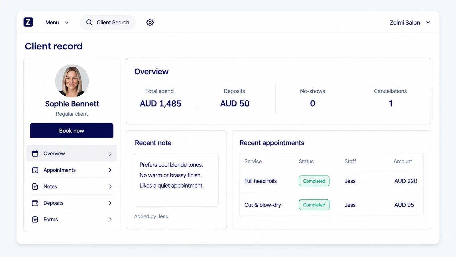 Salon client record showing appointment history, notes, and client overview.