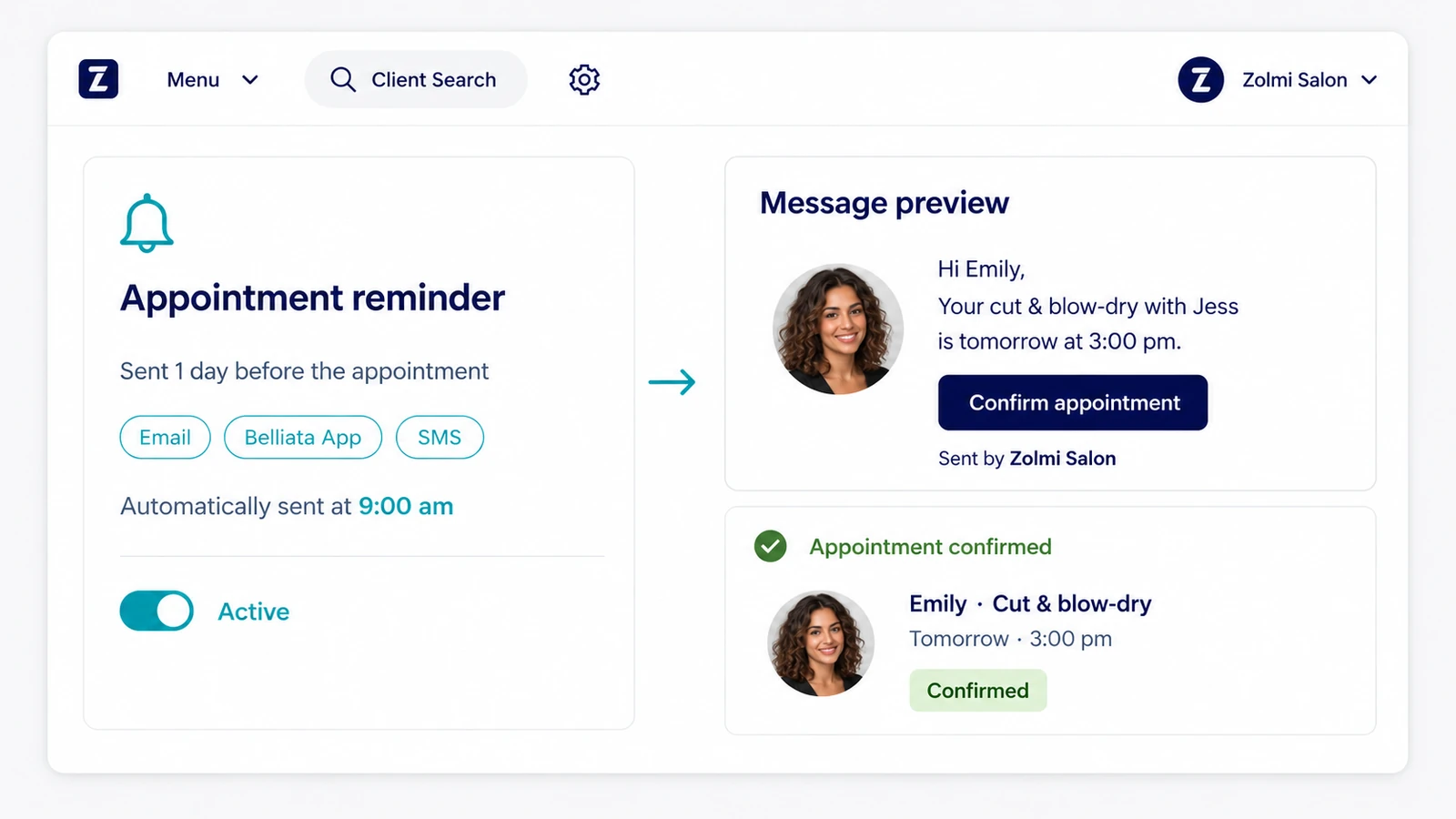 Salon appointment reminder settings and a preview of an appointment confirmation message.