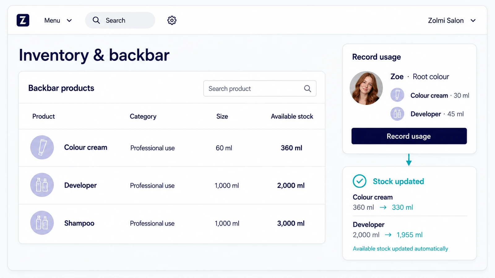 Salon inventory list showing backbar products, available stock, and recent product use.