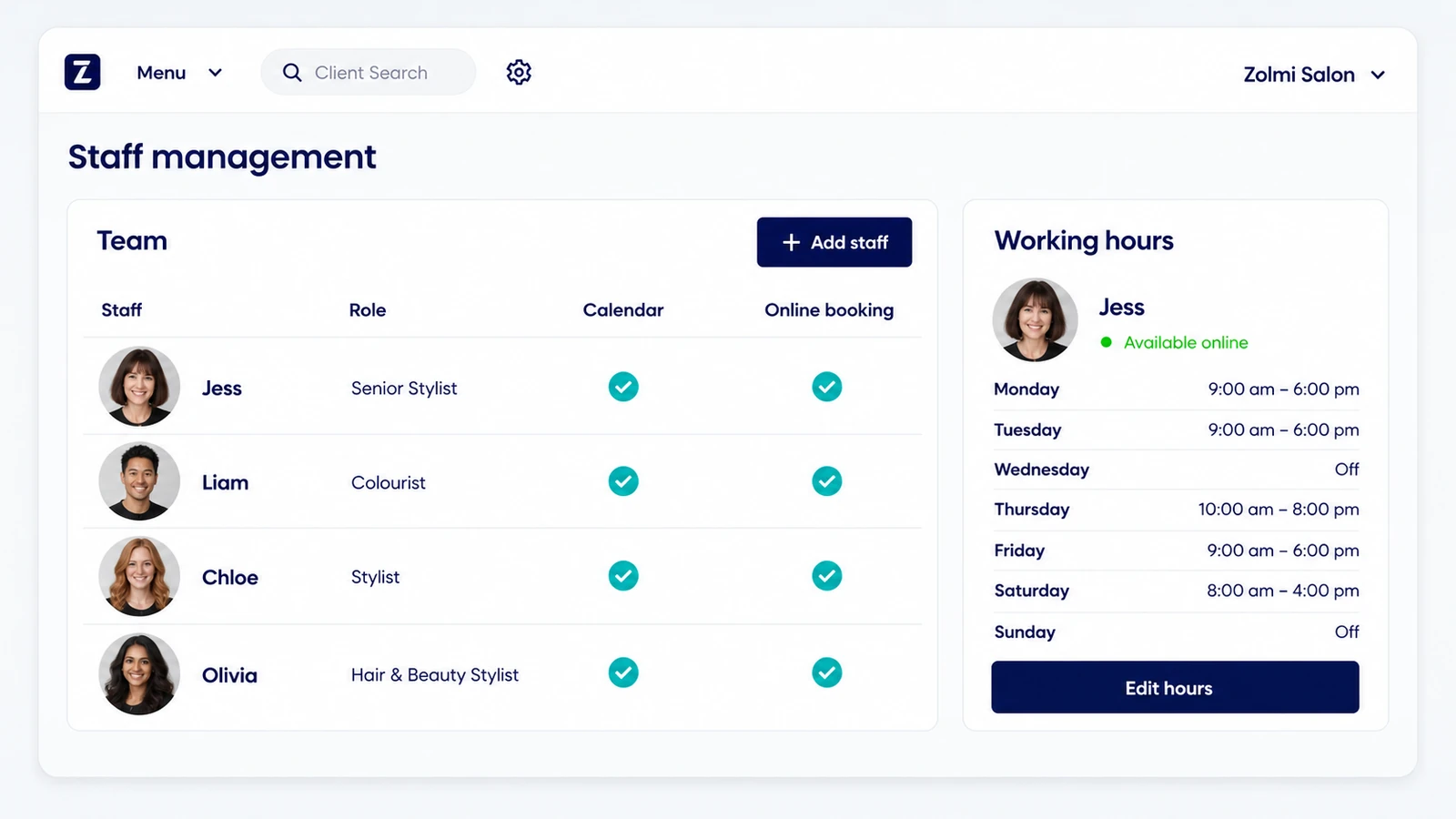 Salon staff management screen showing team roles, booking permissions, and working hours.