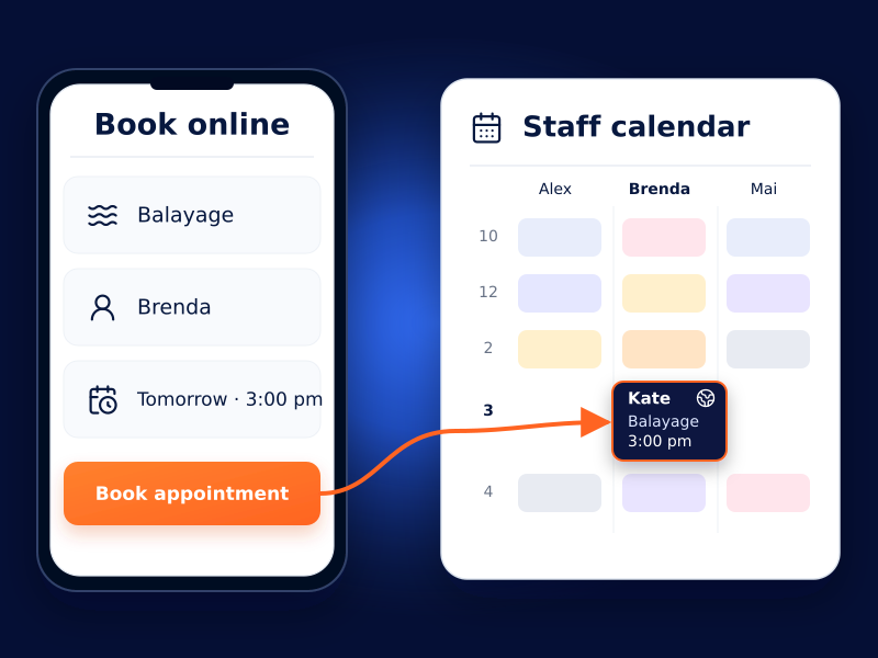 Online salon booking screen where a client chooses a service, staff member, and appointment time.