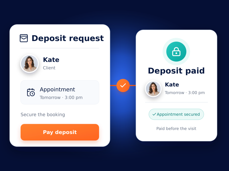 Salon deposit request and confirmation showing that an appointment is secured after payment.