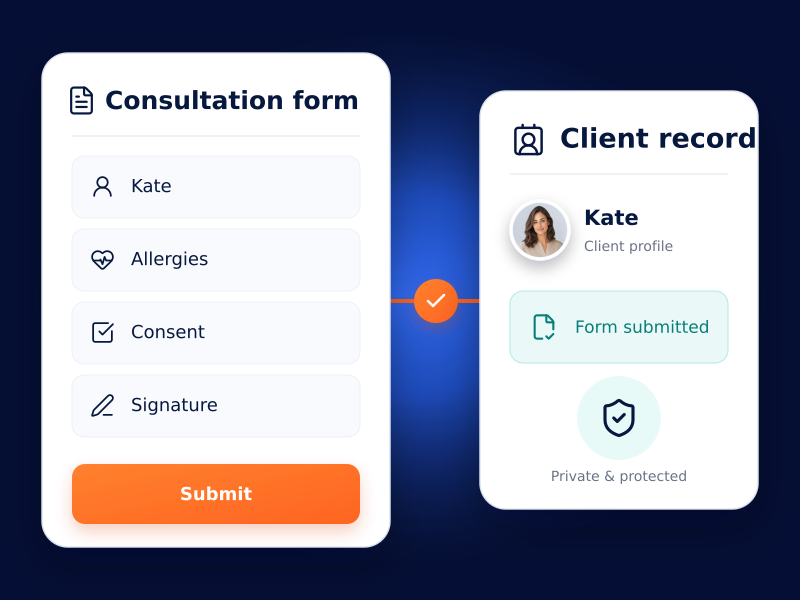 Digital salon consultation form for allergies, consent, and signature, saved to a client record.