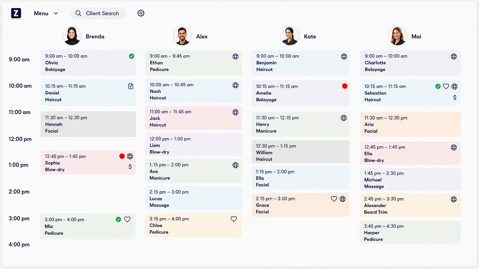 Zolmi salon calendar showing staff schedules, appointments, services and prices in AUD.