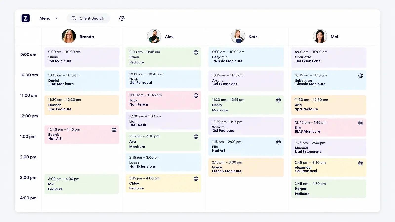 Zolmi nail salon calendar showing technician schedules and nail appointments in AUD.