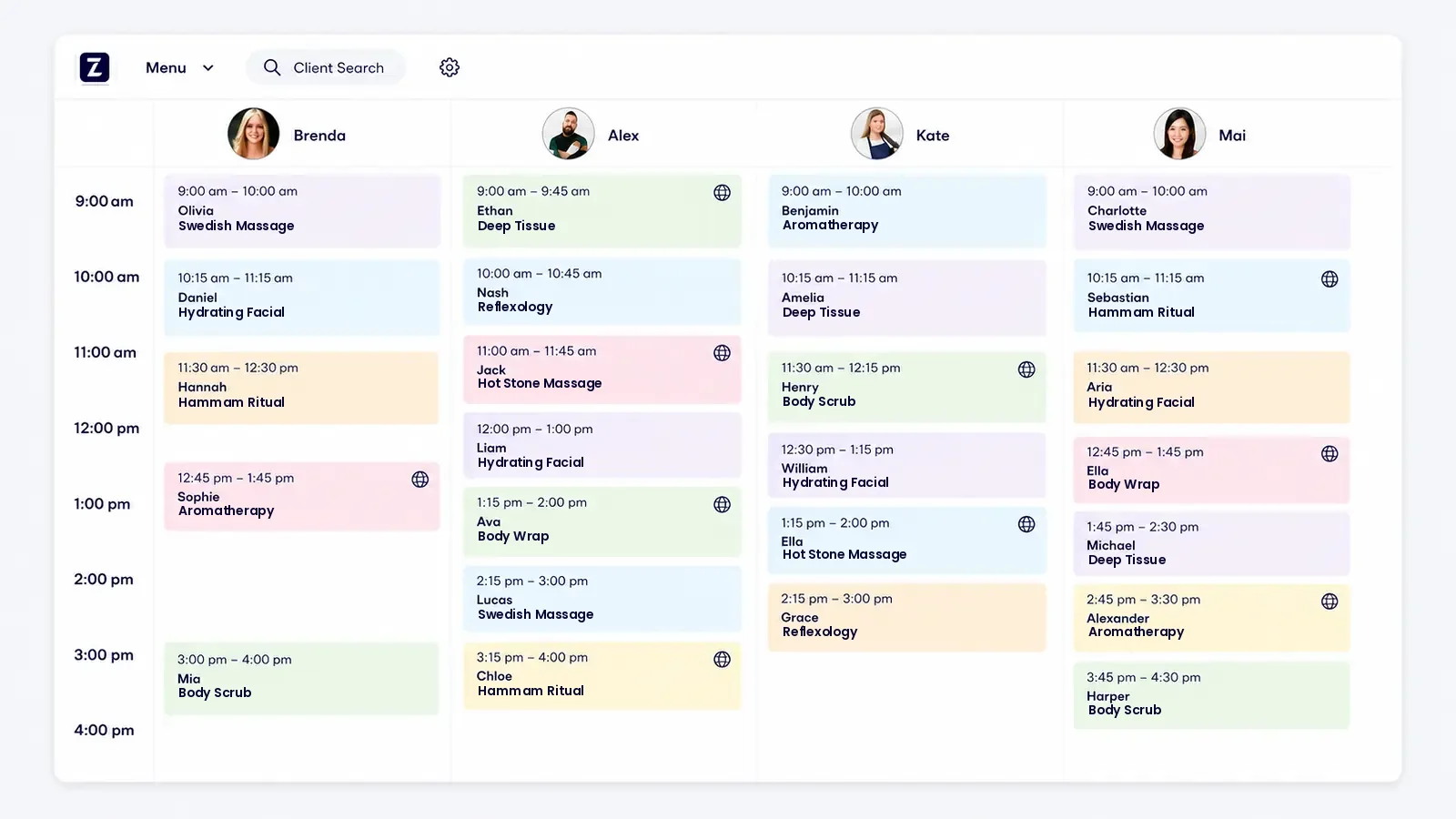 Zolmi spa scheduling calendar showing therapist appointments and online bookings in Australia.