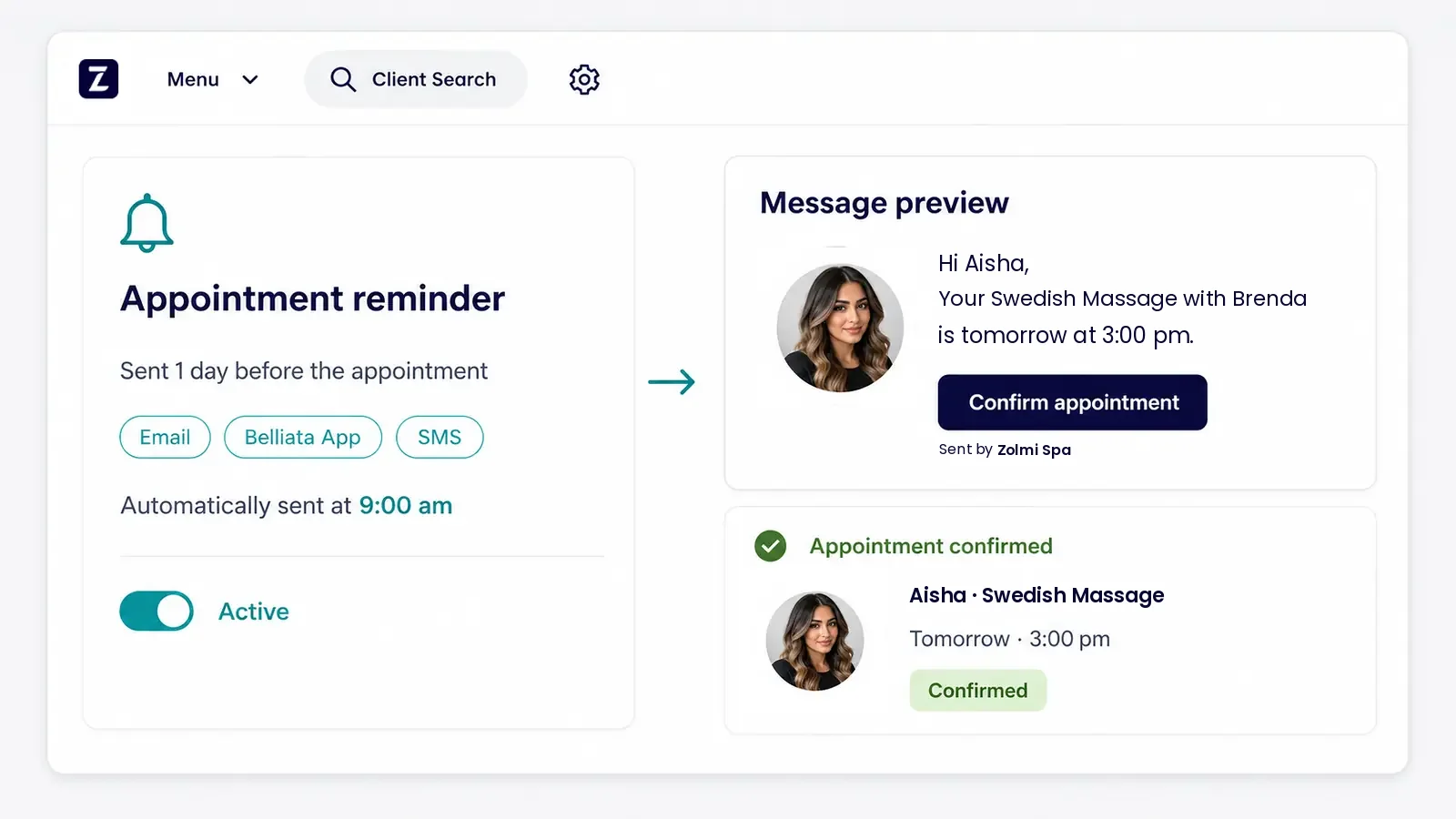 Zolmi spa appointment reminder confirming Swedish massage.