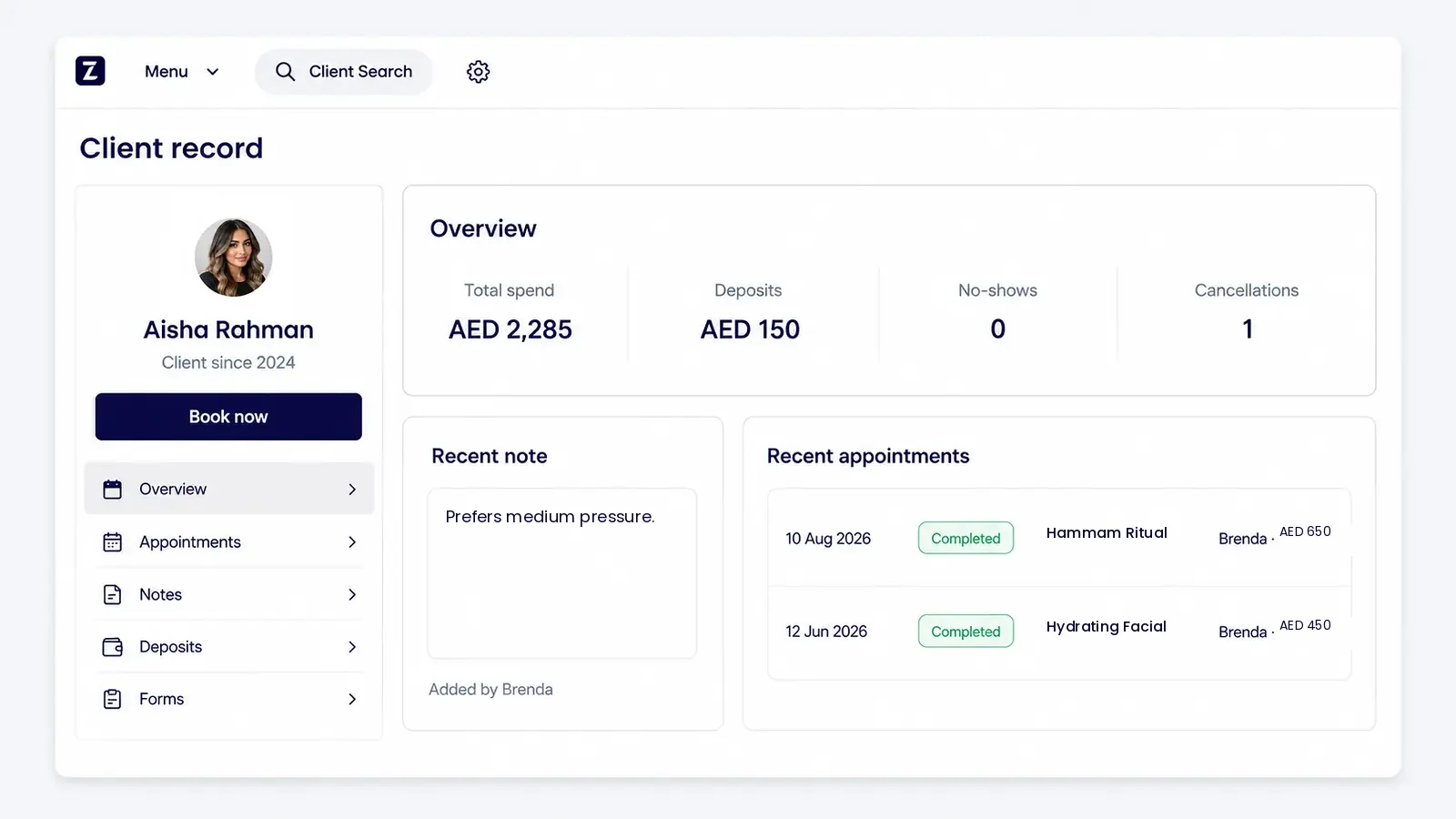 Zolmi spa client record showing treatment preferences, appointment history, deposits and spending in AUD.